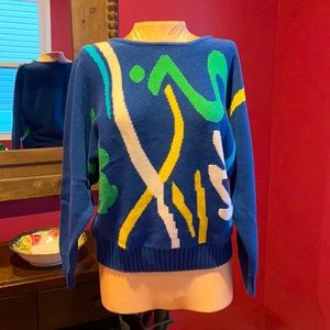 Vintage 80’s Qui Graphic Abstract Blue Long Sleeve Knit Sweater Medium